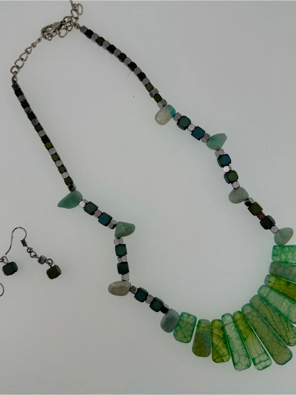 Handcrafted Green Agate Statement Necklace with Matching Earring